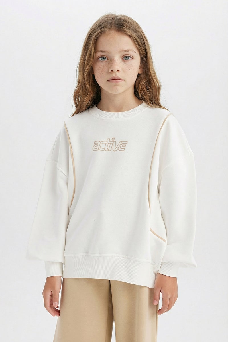 DeFacto Beige Girl Girl Oversize Crew Neck Printed Sweatshirt Casual - Image 1